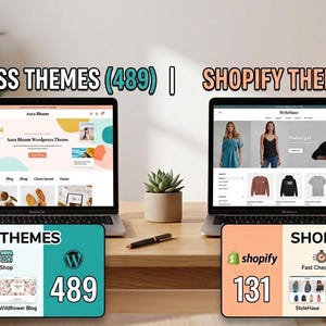 May include: Two open laptops on a wooden desk display website templates. The left screen shows WordPress themes with the text WordPress Themes (489). The right screen shows Shopify themes with the text Shopify Themes (131). Below are two informational panels.