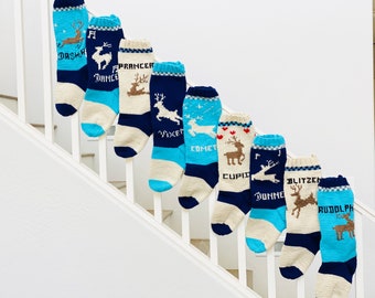 Hand Knitted Reindeer Christmas Stocking: Dasher, Prancer, Rudolph