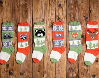 Christmas Stocking, Christmas Stocking Design, Christmas Knitting, Forest Friends Collection, Fox, Bear, Deer, Squirrel, Owl, Woodland