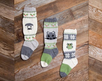 Christmas Stocking, Christmas Stocking Patterns, Christmas Stocking Design, Christmas Knitting, Forest Friends, Owl, Squirrel, Hedgehog