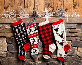 Christmas Stocking PATTERNS, Christmas Stocking Design, Family Stockings, Christmas Knitting, Buffalo Plaid, Arrows deer