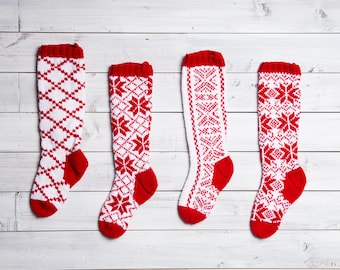 Christmas Stocking PATTERNS, Christmas Stocking Design, Family Stockings, Christmas Knitting, Scandinavian Snowflakes, Alpine, Red and White