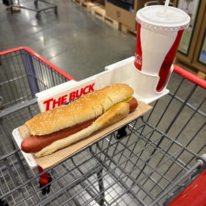 May include: A hot dog on a sesame seed bun with mustard, served on a paper tray, and a Coca-Cola drink with a straw, in a shopping cart. The cart has a white tray that says "THE BUCK".