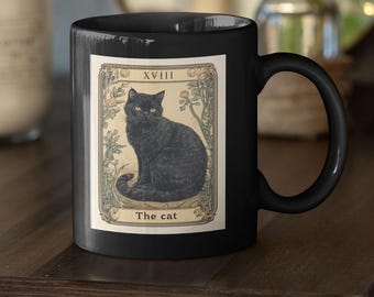 Black Cat Tarot Mug, Gothic Witchy Coffee Cup