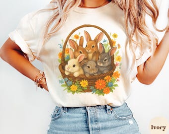 Maglietta "Cesto di coniglietti", maglietta con grafica di un simpatico coniglietto, maglietta Comfort Colors, maglietta con animali primaverili, estetica del coniglietto Cottagecore, maglietta con coniglio pasquale