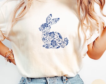 Blue Toile Easter Bunny Shirt, Vintage Comfort Colors Tee