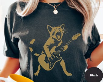 Funny Rocker Cat T-Shirt: Comfort Colors Electric Guitar Kitty Tee
