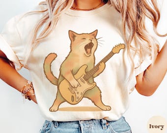 Funny Rocker Cat T-Shirt: Comfort Colors Electric Guitar Graphic Tee