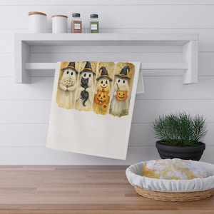 Halloween Ghost Tea Towels, Spooky Kitchen Decor, Set of Cotton Towels, Fall Holiday Gift, Witch Ghost Design