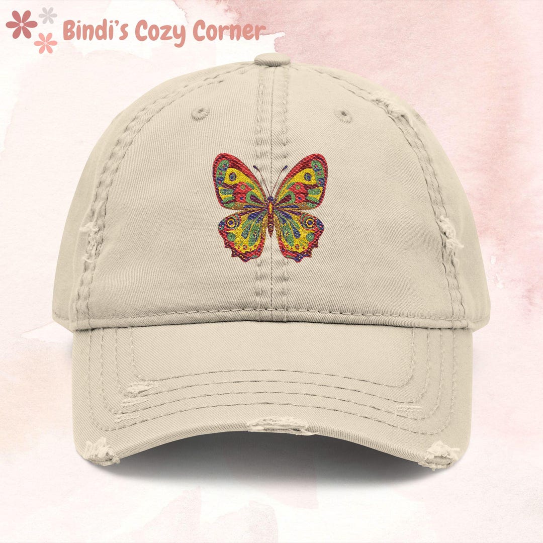 Embroidered Hat, Boho Butterfly Cap, Vintage Distressed  display picture 1