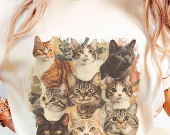 Söt katt-T-shirt, Vintage katt-T-shirt, Estetisk kattälskare-T-shirt, Rolig kattgrafik-T-shirt, Retro katt-T-shirt, Stor katt-T-shirt, 90-tals katt-T-shirt