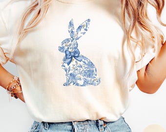 Blue Toile Chinoiserie Pattern Easter Bunny Shirt, Comfort Colors Tee, Cute Easter Bunny T-Shirt, Easter Rabbit, Shake Your Bunny Buns