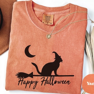 Happy Halloween Cat Shirt,  Witch Hat Cat Tee, Cute Halloween Broomstick Shirt, Spooky Cat T-Shirt, Fall Witchy Cat Shirt, Halloween Gift