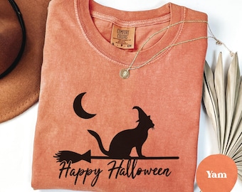 Happy Halloween Cat Shirt,  Witch Hat Cat Tee, Cute Halloween Broomstick Shirt, Spooky Cat T-Shirt, Fall Witchy Cat Shirt, Halloween Gift