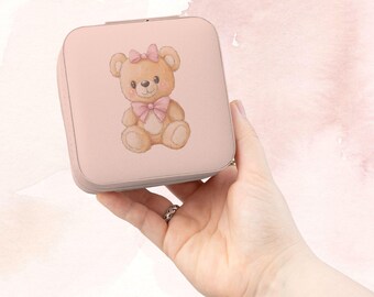 Estuche de viaje para joyas con forma de osito de peluche / Organizador compacto rosa para pequeños objetos