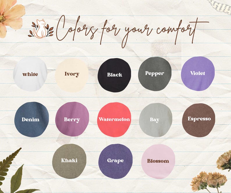 May include: A chart of 15 different colour swatches with the names of each colour written below. The colours include white, ivory, black, pepper, violet, denim, berry, watermelon, bay, espresso, khaki, grape, and blossom.