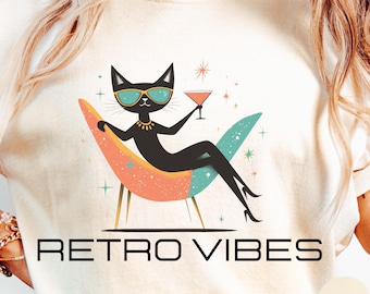 Atomic Black Cat T-Shirt, Retro Mid Century Modern Tee, Martini Cat Shirt, 50s Vintage Cat Lover Gift, Cool Lounge Cat Graphic Tee