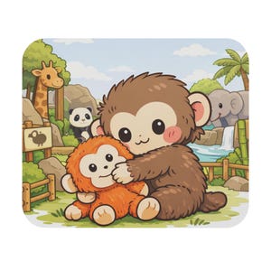 May include: A cartoon illustration of a brown monkey hugging an orange monkey plush toy. The background features a zoo scene with a giraffe, panda, elephant, and waterfall. The style is cute and colourful.