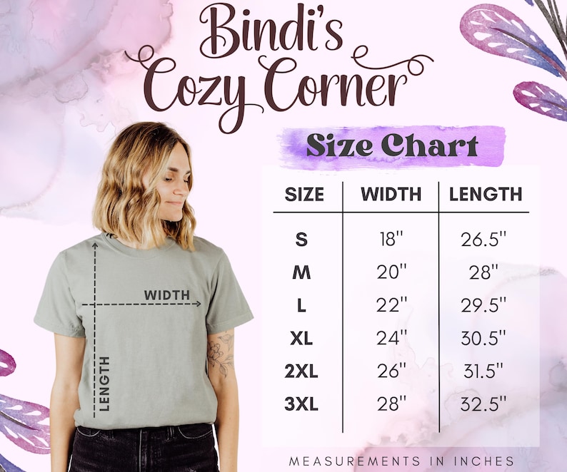 May include: Size chart for a t-shirt with measurements in inches. The chart shows the width and length of the shirt in sizes S, M, L, XL, 2XL, and 3XL.