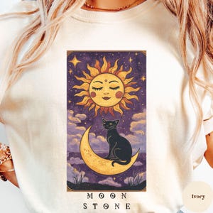 Chemise magique pierre de lune, t-shirt chat noir sorcière, t-shirt carte de tarot céleste, haut étoiles lune soleil mystique, esthétique spirituelle bohème