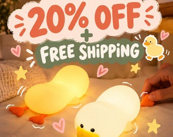 May include: Two soft, glowing, duck-shaped silicone night lights with orange feet and beaks. The lamps emit a warm, diffused yellow light. The image includes decorative text reading 20% OFF + FREE SHIPPING, along with small star and heart icons.