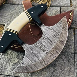 Handmade Damascus Steel Ulu Knife: Alaskan Rocker Chopper, Rosewood Handle Black & White