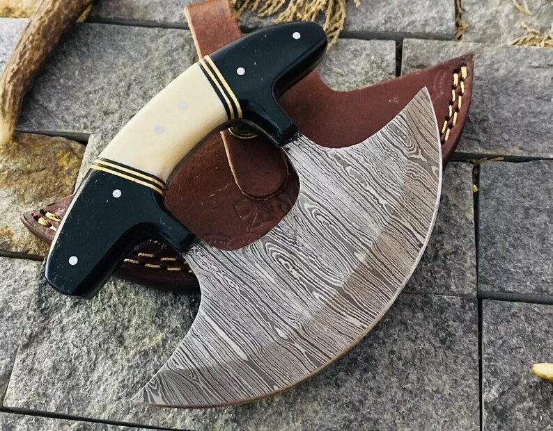 Handmade Damascus Steel Ulu Knife: Alaskan Rocker Chopper, Rosewood Handle Black & White