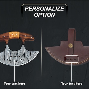 May include: A personalized, stainless steel cleaver with a wooden handle and a leather sheath. The cleaver has a Damascus pattern and the sheath has a stitched design. Both the cleaver and sheath have areas for personalization with the text "Your text here".