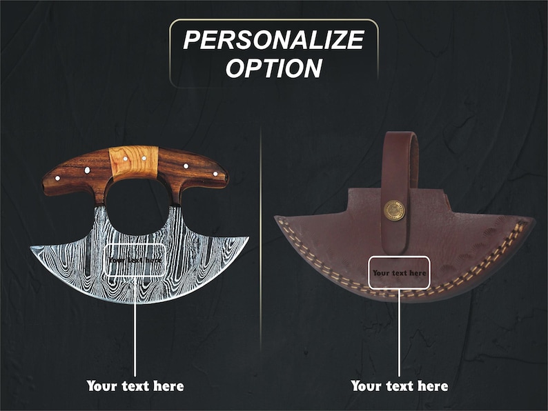 May include: A personalized, stainless steel cleaver with a wooden handle and a leather sheath. The cleaver has a Damascus pattern and the sheath has a stitched design. Both the cleaver and sheath have areas for personalization with the text "Your text here".