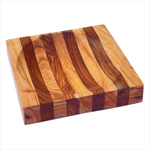 May include: A square wooden serving tray with a carved, rounded center. The tray is made of light and dark wood, creating a striped pattern.