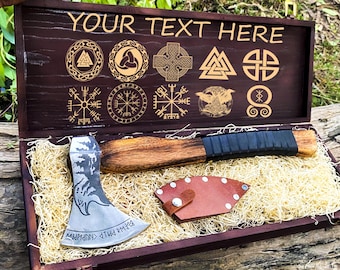 Personalized Forged Viking Hatchet: Custom Engraved Norse Axe with Wooden Box