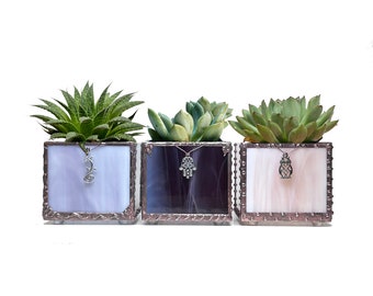 Gift Set of Stained Glass Mini Plant Holders With Copper Finish And Whimsical Charms