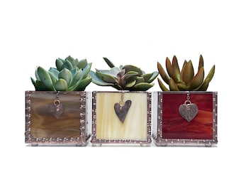 Gift Set of 3 Stained Glass Mini Plant Holders in Copper With Decorative Solder And Heart Charms