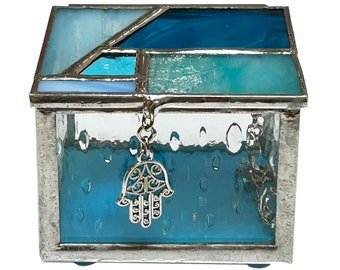 Stained Glass Trinket Box in Blues with Hamsa Charm