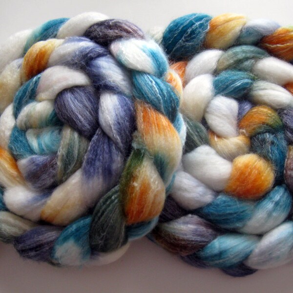 SW Merino / Bamboo / Nylon Blend Wool Roving (Top) - Handpainted Spinning or Felting Fiber,  - 4 ounces Midnight over wheat fields