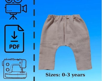 Baby harem pants pattern, step-by-step video instructions for sewing comfortable pants for baby girls and baby boys, with gift bib, A4 pdf