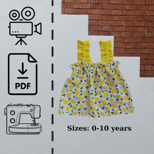 Könnte beinhalten: Ein PDF-Schnittmuster für ein Kleid mit Zitronenprint und gelben Trägern. Das Schnittmuster ist in den Größen 0-10 Jahre erhältlich.