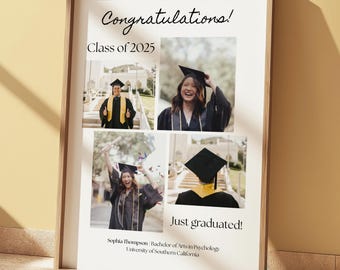 Plantilla de collage de fotos de graduación personalizada. Regalo de graduación universitaria para ella. Regalo de graduación de 2025. Foto de graduación personalizada. Arte de pared para estudiantes de último año de 2025.