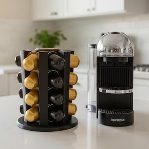 Rotating Nespresso Pod Holder: Matte Black with Metallic Accents