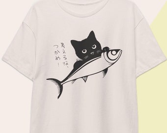 Black Cat and Fish T-Shirt: Kawaii Doodle Gift, Funny Japanese Kanji Streetwear, Cat Meme Tee