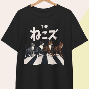 Camiseta con parodia de los Beatles de The Cats, divertida camiseta japonesa Neko, camiseta para amantes de la música de Abbey Road, camiseta con portada de álbum, regalo para amantes de los gatos, camiseta de concierto