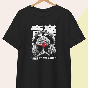Music DJ T-Shirt: Hip Hop Headphones, Anime Tree, Japanese Kanji