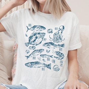 Camiseta de naturaleza oceánica, camiseta vintage de animales marinos con tatuajes de los años 90, camiseta de peces japoneses, camiseta con gráficos kanji, camiseta divertida de pesca, regalos para amantes de la naturaleza
