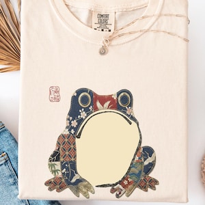 Matsumoto Hoji Frog T-Shirt, Japanese Ukiyo-e Kimono Faux Patchwork Print, 1814 Woodblock Art, Sad Frog Streetwear, Zen Wabi Sabi Gift