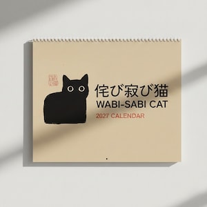 Väggkalender 2026 2027, japansk kawaii svart kattkonst, heminredning i Wabi-Sabi-stil, söt kattälskarepresent, minimalistisk månadsplanerare för mitten av året