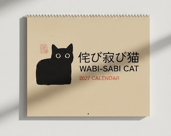 2026 2027 Wall Calendar, Japanese Kawaii Black Cat Art, Wabi-Sabi Style Home Decor, Cute Cat Lover Gift, Minimalist Mid year Monthly Planner