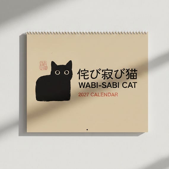 2026 2027 Wall Calendar, Japanese Kawaii Black Cat Art, Wabi-Sabi Style Home Decor, Cute Cat Lover Gift, Minimalist Mid year Monthly Planner