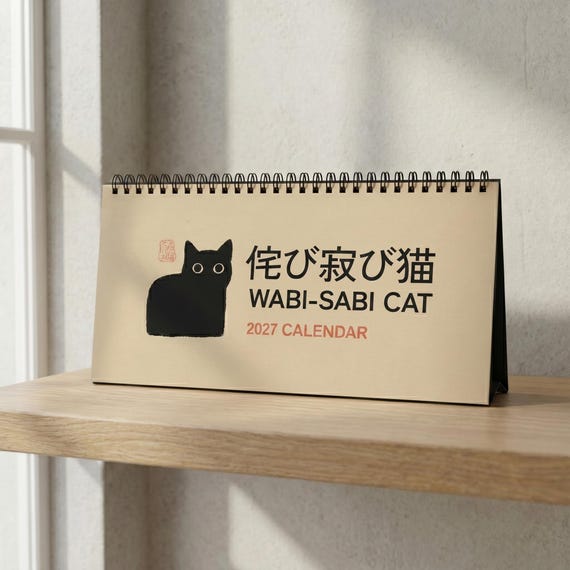 2026 2027 Japanese Wabi Sabi Black Cat Calendar, Japan Culture Art Desk Calendar, Cute Office Decor, Kawaii Cat Lover Gift, Mid Year Planner