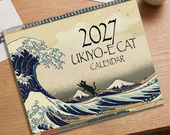 2026 2027 Ukiyo-e Black Cat Wall Calendar, Japanese Art Print Office Planner, Kawaii Neko Cat Lover Gift, Hokusai Great Wave Home Decor