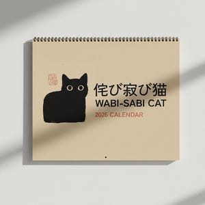 Wandkalender 2026, Japanse kawaii zwarte kat kunst, woondecoratie Wabi-Sabi-stijl, cadeau schattige kattenliefhebber, minimalistische esthetische maandplanner